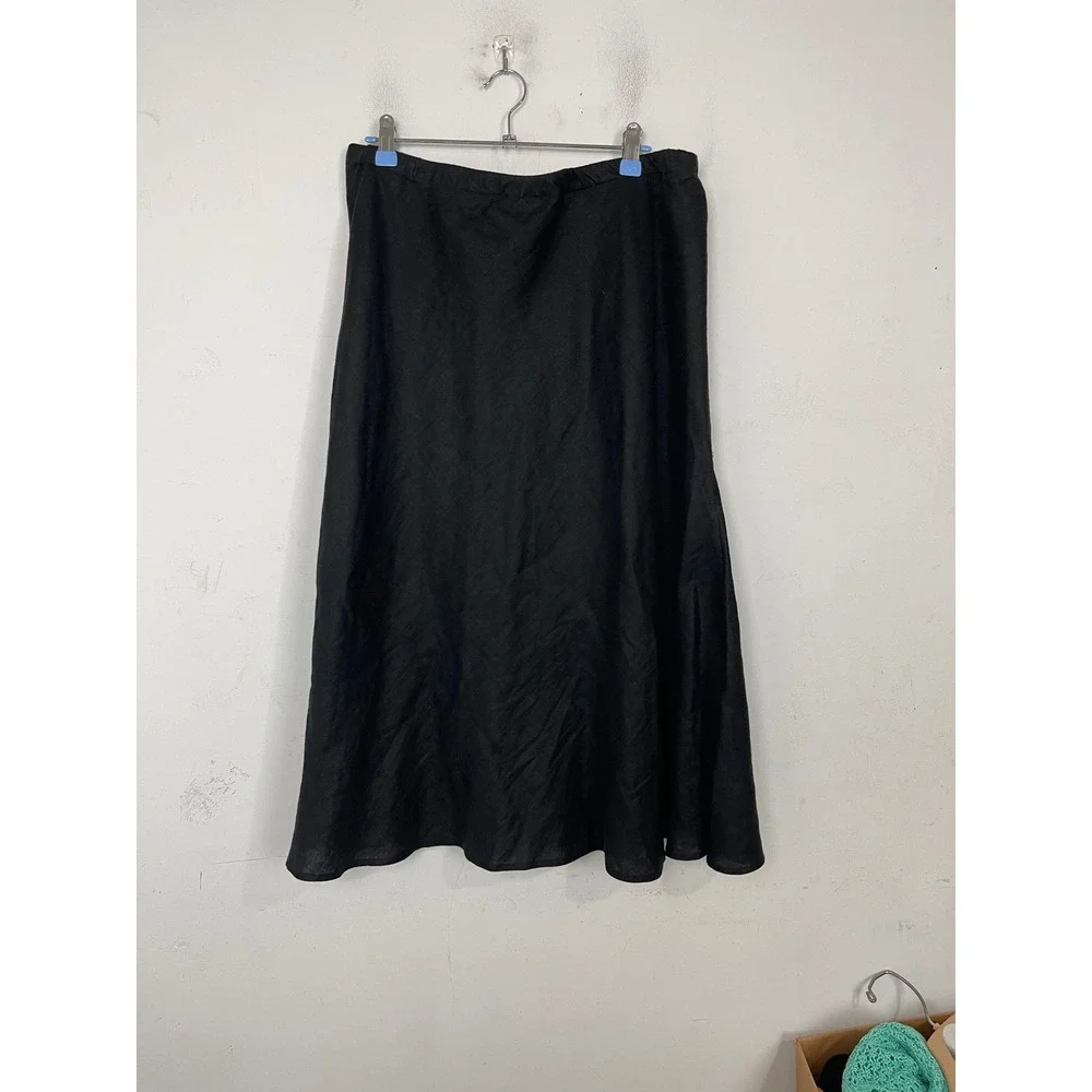JM Collection Petite Black 100% Linen Beaded Soutache Midi Skirt Womens 16P‎